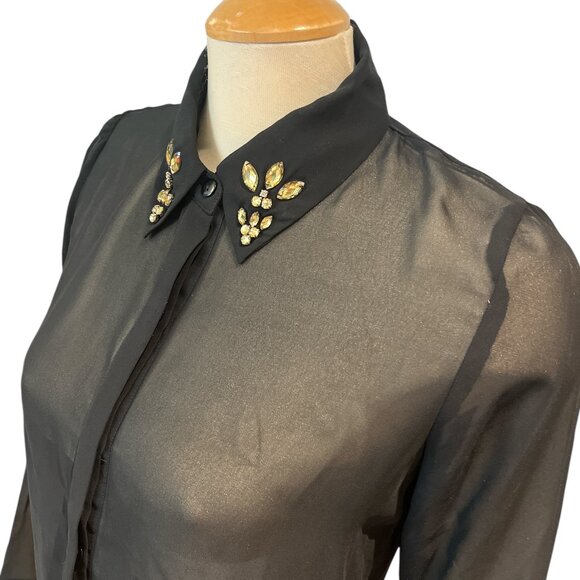 FOREVER 21 Sheer Black Blouse Top Size Small Long Sleeves Button Down Bling - Picture 1 of 6